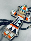 Museum Quality Long Vintage Native American Zuni Turquoise Inlay Sterling Silver Bolo Tie-Nativo Arts