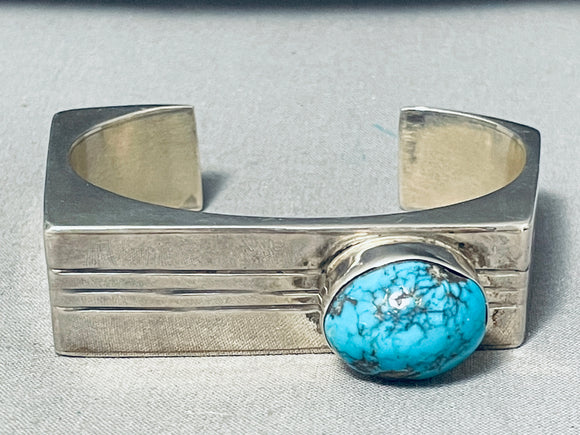 Hand Tooled Vintage Native American Navajo Sterling Silver Round Turquoise Bracelet Signed-Nativo Arts