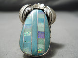Intense Inlay Huge Native American Navajo Turquoise Sterling Silver Leaf Ring-Nativo Arts