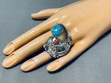 Huge Native American Navajo Turquoise Coral Sterling Silver Bear Ring-Nativo Arts