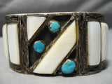 Huge One Of Best Vintage Native American Navajo Turquoise Sterling Silver Shell Bracelet Old-Nativo Arts