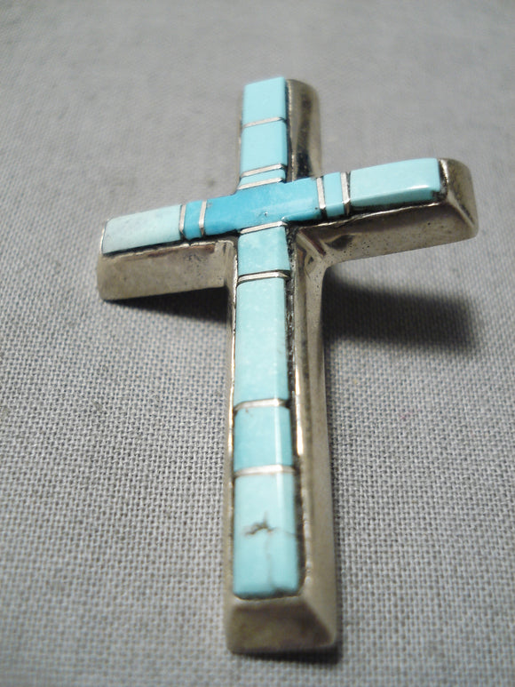 Striking Vintage Native American Navajo Turquoise Inlay Cross Sterling Silver Pendant-Nativo Arts