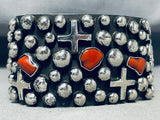 Chunks Of Coral Crosses Sterling Silver Native American Navajo Handmade Bead Bracelet-Nativo Arts