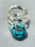 Unique Native American Navajo Kingman Turquoise Sterling Silver Ring Signed Del Secatero-Nativo Arts