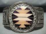 Native American Pink And Purple Shell Vintage Navajo Sterling Silver Geomtric Bracelet-Nativo Arts