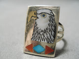 Intricate!! Vintage Zuni Native American Turquoise Eagle Sterling Silver Ring-Nativo Arts