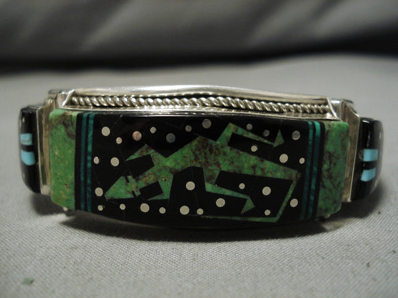 Important Native American Navajo Gaspeite Inlay Gecko Sterling Silver Hinged Bracelet-Nativo Arts