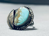 Chunky Vintage Native American Navajo #8 Turquoise Sterling Silver Leaf Ring Old-Nativo Arts