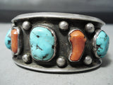 Thick Museum Vintage Native American Navajo Turquoise Coral Sterling Silver Bracelet Old-Nativo Arts