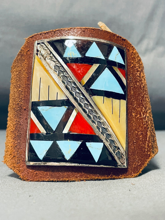 Native American One Of The Most Unique Vintage Zuni Turquoise Inlay Sterling Silver Bracelet-Nativo Arts