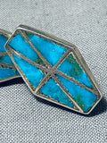 One Of The Best Vintage Native American Zuni Turquoise Inlay Sterling Silver Earrings-Nativo Arts