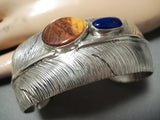 So Detailed Native American Navajo Lapis Sterling Silver Feather Bracelet Cuff-Nativo Arts