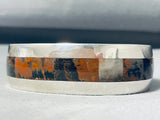 Very Rare Petrified Wood Inlay Native American Navajo Heavy Sterling Silver Bracelet-Nativo Arts