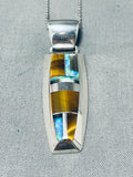 Kenny Bitsue Signed Native American Navajo Inlay Tigers Eye Opal Sterling Silver Necklace-Nativo Arts