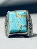 Marvelous Vintage Native American Navajo Kingman Turquoise Square Sterling Silver Ring-Nativo Arts