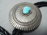 Detailed Vintage Native American Navajo Old Kingman Turquoise Sterling Silver Bolo Tie Old-Nativo Arts