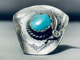 Signed Native American Navajo Old Kingman Turquoise Sterling Silver Cowboy Hat Ring-Nativo Arts