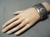 Signed Vintage Native American Navajo Heavy Patina Sterling Silver Geomtric Bracelet-Nativo Arts