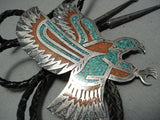 Soaring Eagle Vintage Native American Navajo Turquoise Coral Sterling Silver Eagle Bolo Tie-Nativo Arts