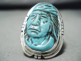 Native American Incredibly Intricate Hand Carved Turquoise Indian Sterling Silver Ring-Nativo Arts
