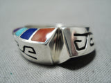 Lonn Parker Native American Navajo Inlay Turquoise Lapis Coral Sterling Silver Ring-Nativo Arts