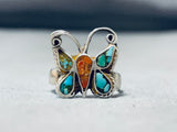 Wonderful Vintage Native American Zuni Inlay Coral Turquoise Sterling Silver Butterfly Ring-Nativo Arts