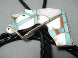 Important Vintage Native American Zuni Horse Turquoise Inlay Sterling Silver Bolo Tie Old-Nativo Arts