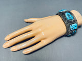 Heavy Mens Vintage Native American Navajo Turquoise Sterling Silver Leaf Bracelet-Nativo Arts