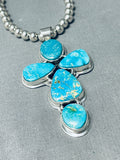 Stunning Native American Navajo Kingman Turquoise Sterling Silver Cross Necklace-Nativo Arts