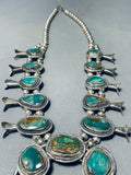 Chunky Vintage Native American Navajo Royston Turquoise Sterling Silver Squash Blossom Necklace-Nativo Arts