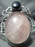 Colossal Vintage Native American Navajo Rose Quartz Lapis Bug Sterling Silver Bracelet-Nativo Arts