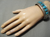 Heavy Vintage Native American Navajo Square Turquoise Sterling Silver Bracelet Old-Nativo Arts