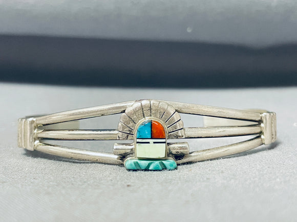 Noteworthy Vintage Native American Zuni Turquoise Coral Sterling Silver Kachina Bracelet-Nativo Arts