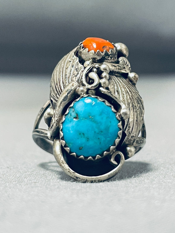 Breathtaking Vintage Native American Navajo Blue Gem Turquoise Coral Sterling Silver Ring-Nativo Arts