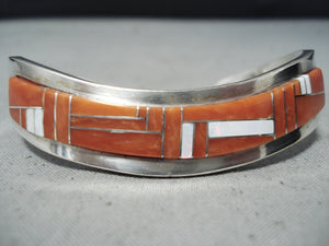 Gene Jackson Vintage Native American Navajo Coral Inlay Sterling Silver Bracelet-Nativo Arts