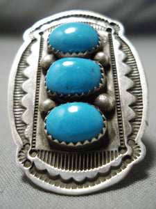 Huge Vintage Native American Navajo Blue Gem Turquoise Sterling Silver Ring-Nativo Arts