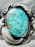 So Vivid!! Vintage Native American Navajo Royston Turquoise Sterling Silver Leaf Bracelet Old-Nativo Arts