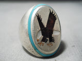 Native American Amazing Vintage Cochiti Inlay Turquoise Eagle Sterling Silver Ring Old-Nativo Arts