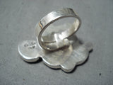 Fabulous Native American Zuni Coral Jet Mother Of Pearl Inlay Sterling Silver Minnie Ring-Nativo Arts