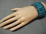 One Of The Best Vintage Native American Navajo Squared Turquoise Inlay Sterling Silver Bracelet-Nativo Arts
