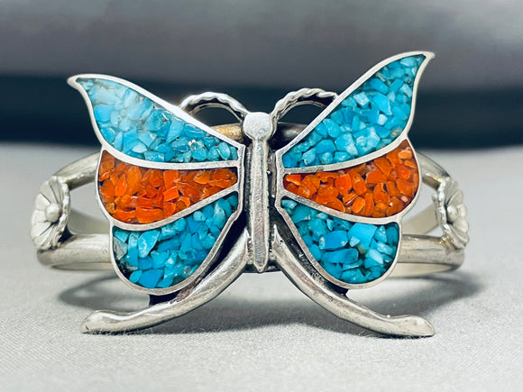 Whimsical Native American Zuni Turquoise Coral Chip Inlay Sterling Silver Butterfly Bracelet-Nativo Arts