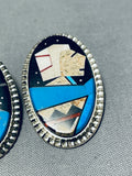Important Native American Navajo Turquoise Sterling Silver Inlay Earrings-Nativo Arts