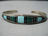 Superior Vintage Native American Navajo Graduating Turquoise Inlay Sterling Silver Bracelet-Nativo Arts