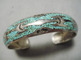 Detailed Vintage Native American Navajo Turquoise Inlay Sterling Silver Bracelet Old-Nativo Arts