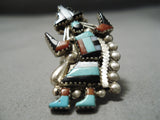 Huge Dancing Kachina Vintage Zuni Native American Turquoise Sterling Silver Ring-Nativo Arts