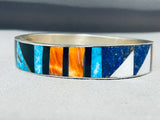 Extremely Rare Native American Navajo Turquoise Inlay Sterling Silver Bangle Bracelet-Nativo Arts