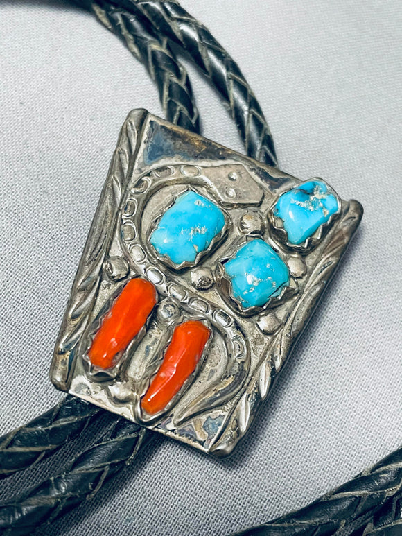 Incredible Vintage Native American Zuni Blue Gem Turquoise & Coral Sterling Silver Bolo-Nativo Arts