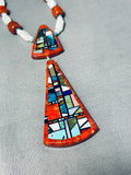 Native American One Of The Most Unique Santo Domingo Coral Sterling Silver Inlay Necklace-Nativo Arts