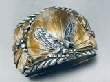 Huge Mens Native American Navajo Signed Sterling Silver Eagle Gold Fill Huge Bracelet-Nativo Arts