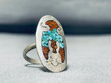 Authentic Older Vintage Native American Navajo Turquoise Coral Sterling Silver Ring-Nativo Arts